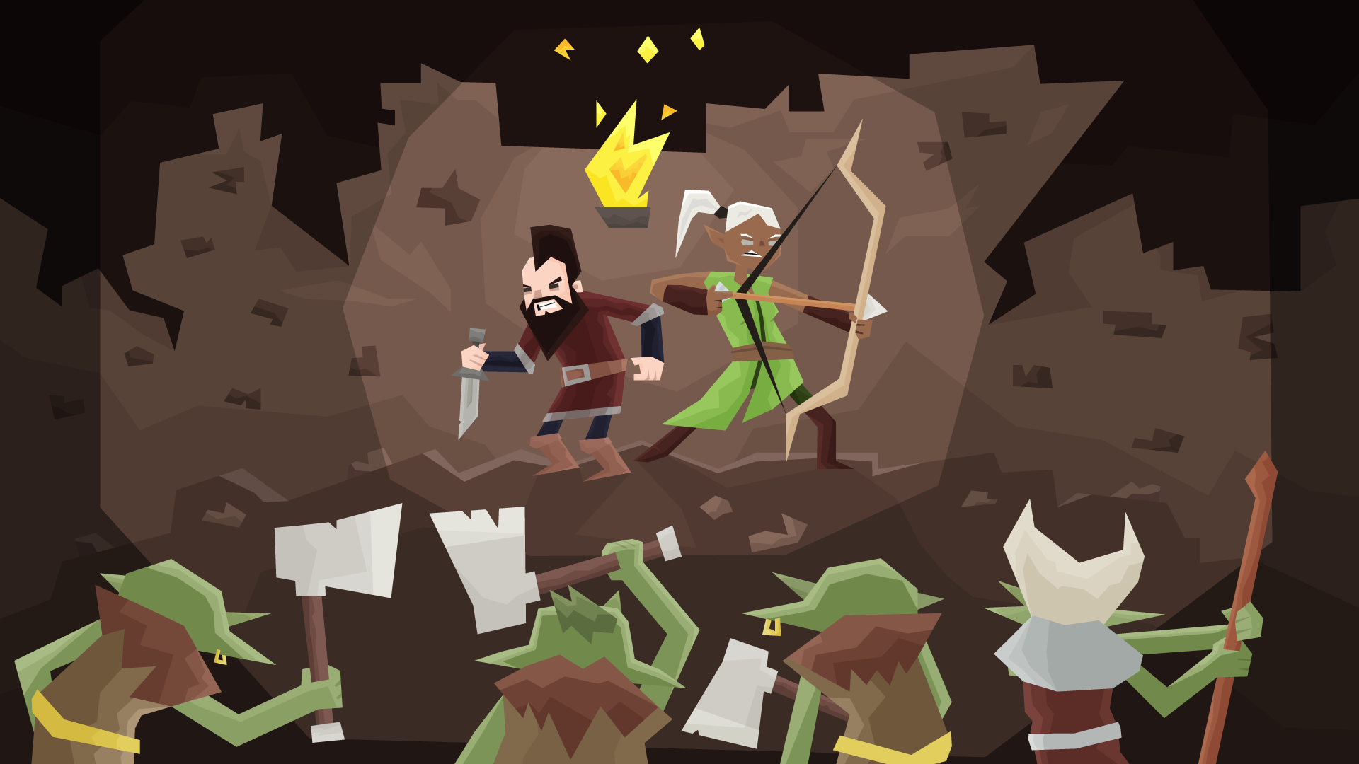 Two heroes are surrounded by Goblins.