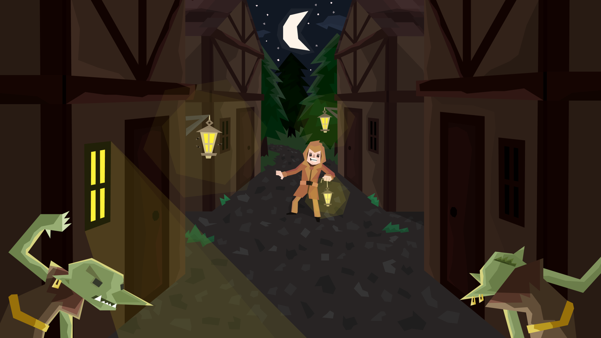 A village at night with a scared villager being chased by two Goblins.